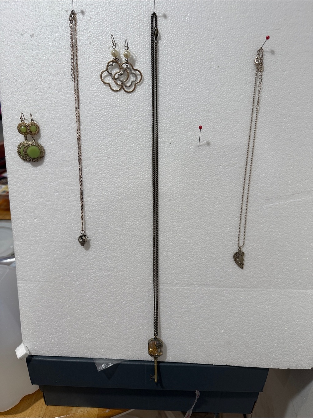 Women’s Long Key Pendant Necklace in Antiqued Metal, Black Chain